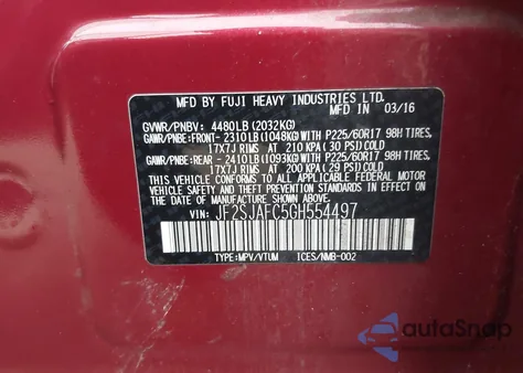 2016 Subaru Forester 2.5I Premium из США, поврежденный, VIN JF2SJAFC5GH554497